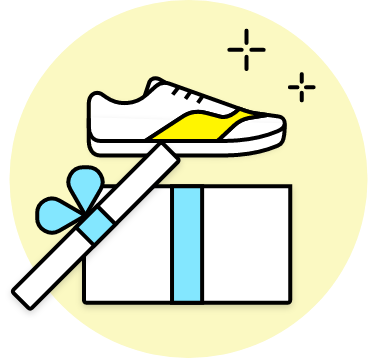 Icon einer offenen Geschenk-Box mit einem Turnschuh zur Visualisierung von Feed-Spezifikation