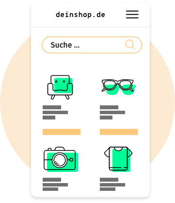 Visualisierung von Produktvorschlägen mit den Icons Sessel, Brille, Kamera und T-Shirt in einem Onlineshop