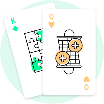 Playing cards with puzzle pieces and shopping basket based on the suits King of Diamonds and Queen of Hearts with the icons for recomAD Data and recomAD Search