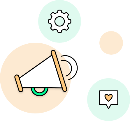 Visualisation of product playout with the icons megaphone, cogwheel and speech bubble with a heart