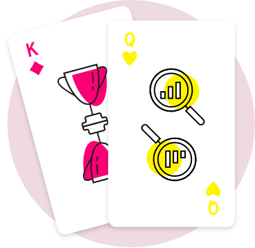 Spielkarten mit Pokal und Lupe angelehnt an die Farben Karo-König und Herz-Dame mit den Icons für Google CSS und Produktlistung