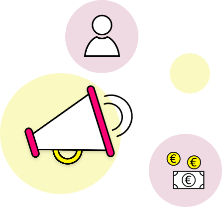 Visualisation of the traffic increase with the icons megaphone, cogwheel and money